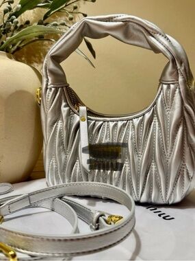 Mi Quilted Mini Hobo Bag in Metallic Silver